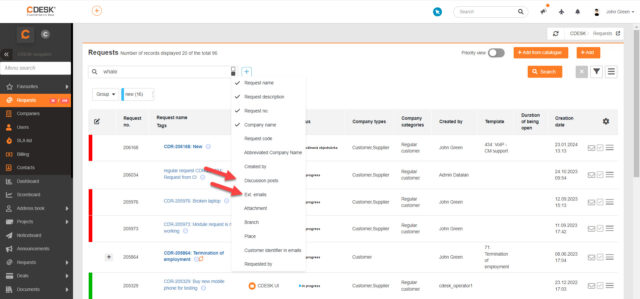 V zozname požiadaviek je možné vyhľadávať podľa diskusie a Ext-mailov