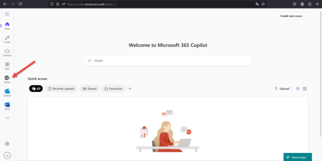 Vstup do aplikácie Admin v Office 365