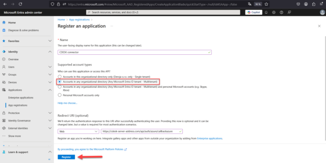 Nastavenie možnosti Multitenant pri registrácií CDESK aplikácie v MS Entra ID